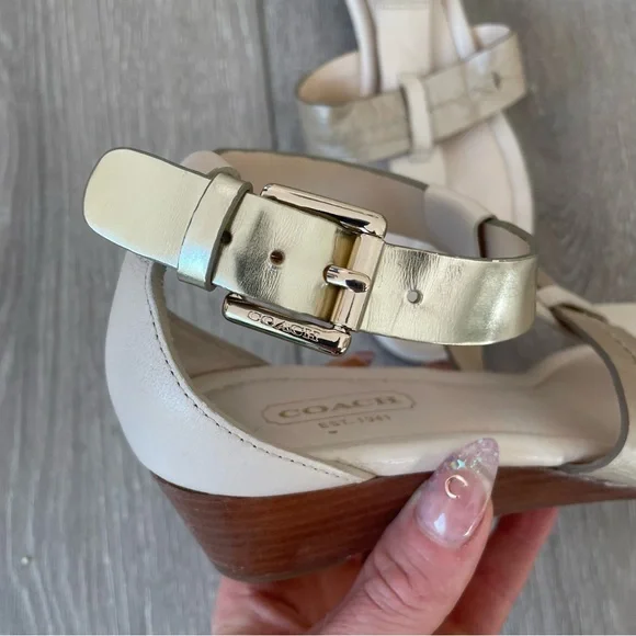Coach Velvet Vachetta Low Wedge T-Strap Sandals in Gold & Cream Summer Resort - Picture 5 of 8